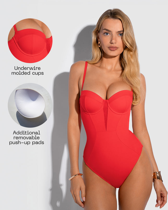 Detail graphic of Bombshell - Red highlighting underwire molded cups