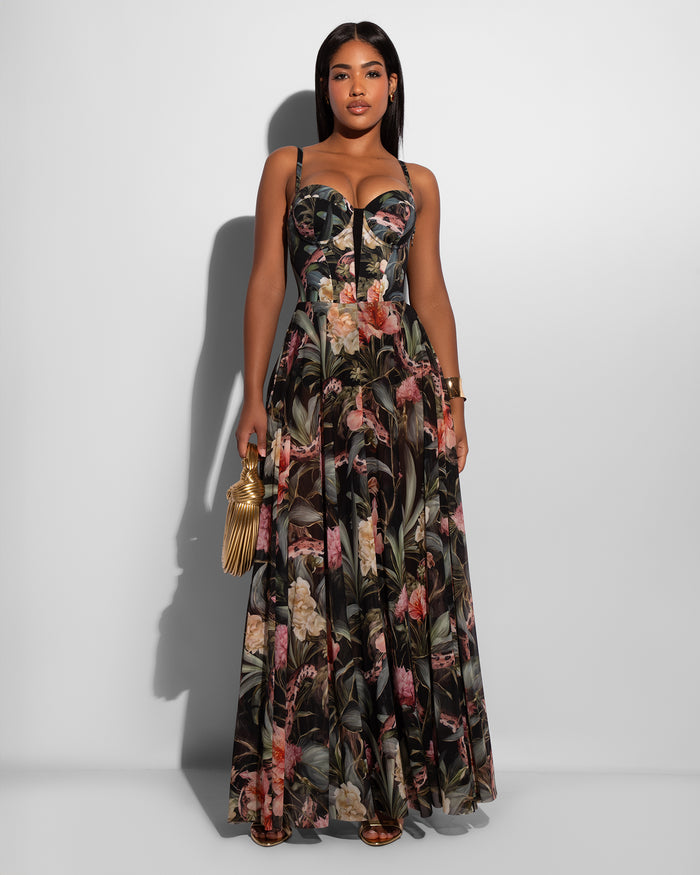 Model wears Bombshell Maxi Shapewear Dress - Midnight Peony full front view
