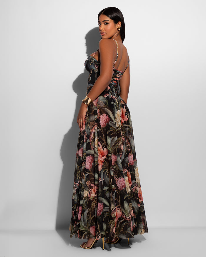 Model wears Bombshell Maxi Shapewear Dress - Midnight Peony side view