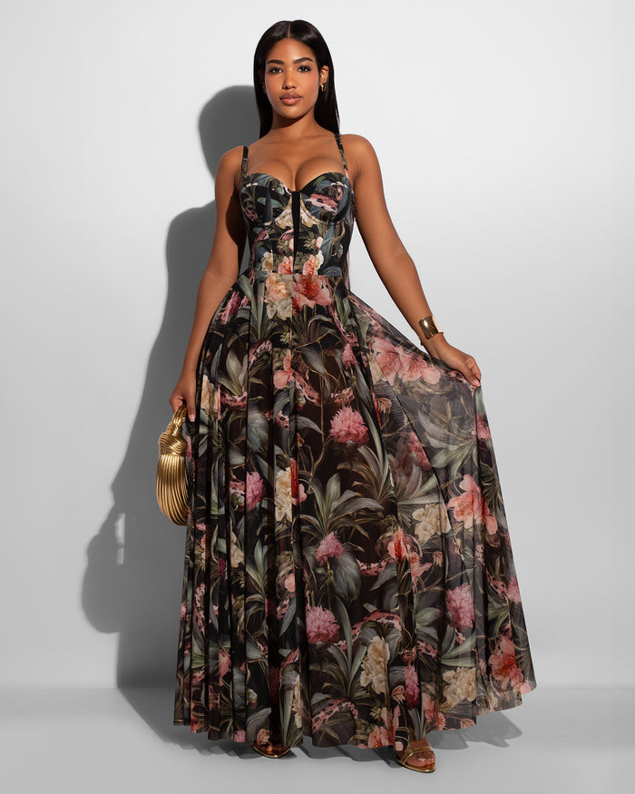 Model wears Bombshell Maxi Shapewear Dress - Midnight Peony front view