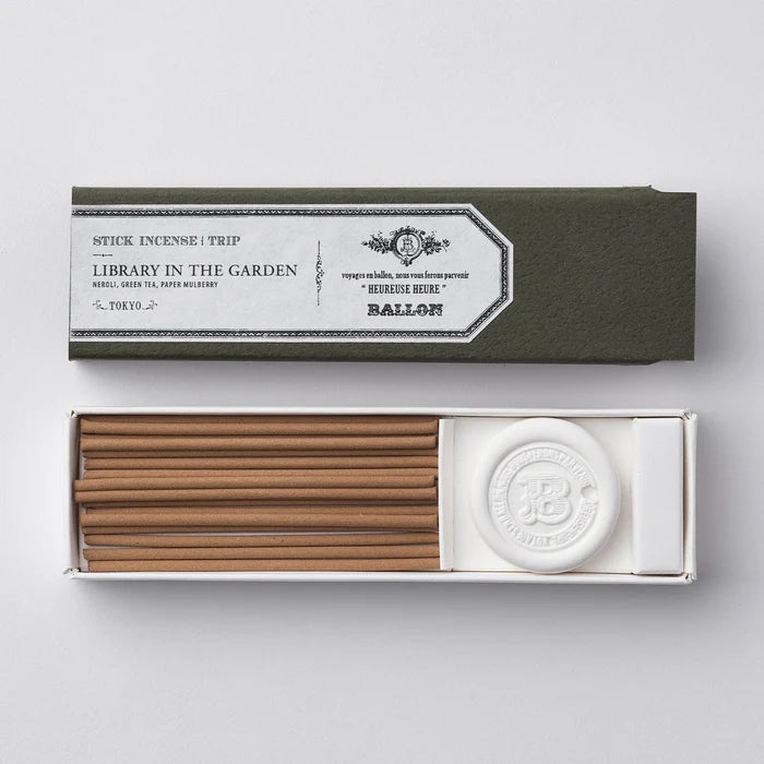 A box of incense sticks with the lid open, showing the brand name 'Ballon' and the product name 'Incense Angel Ladder'. The sticks are placed in a compartment alongside a wax holder.