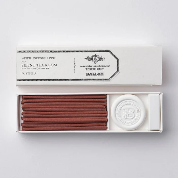 A box of incense sticks with the lid open, showing the brand name 'Ballon' and the product name 'Incense Angel Ladder'. The sticks are placed in a compartment alongside a wax holder.