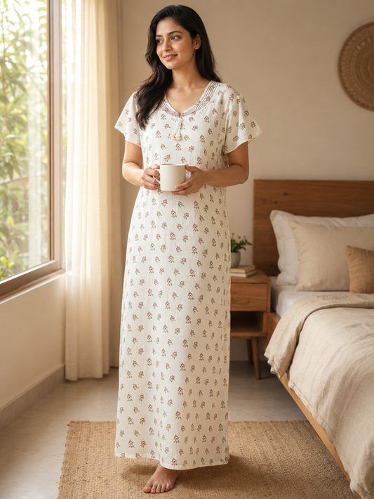 Vanilla buti print nighty for women in sizes m to xxl