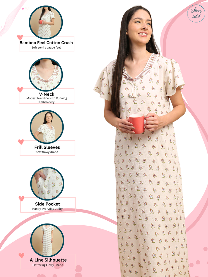 Vanilla buti print nighty for women in sizes m to xxl