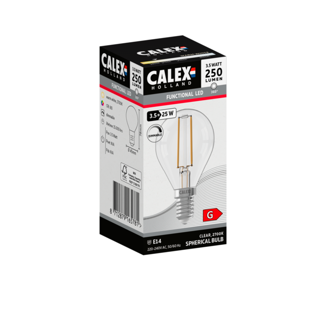 Calex Filament LED Lamp - E14 - P45 - Clear - 3.5W - Dimmable