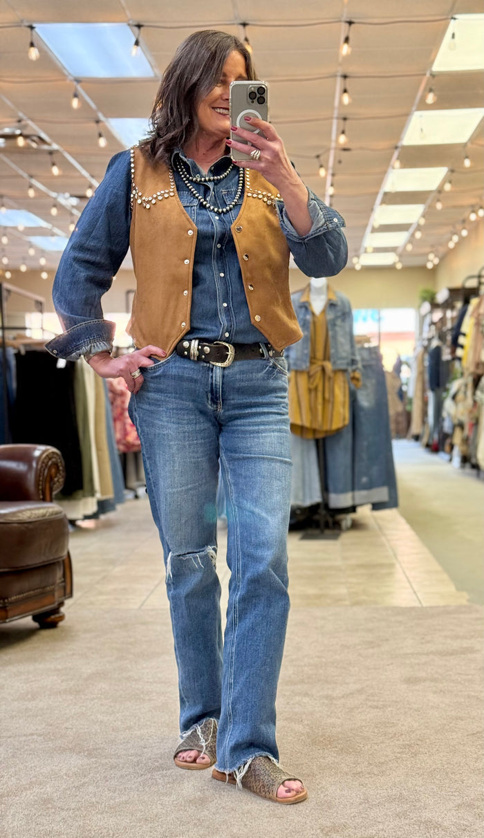 Camel-brown studded snap-front vest with decorative bead trim and front snaps