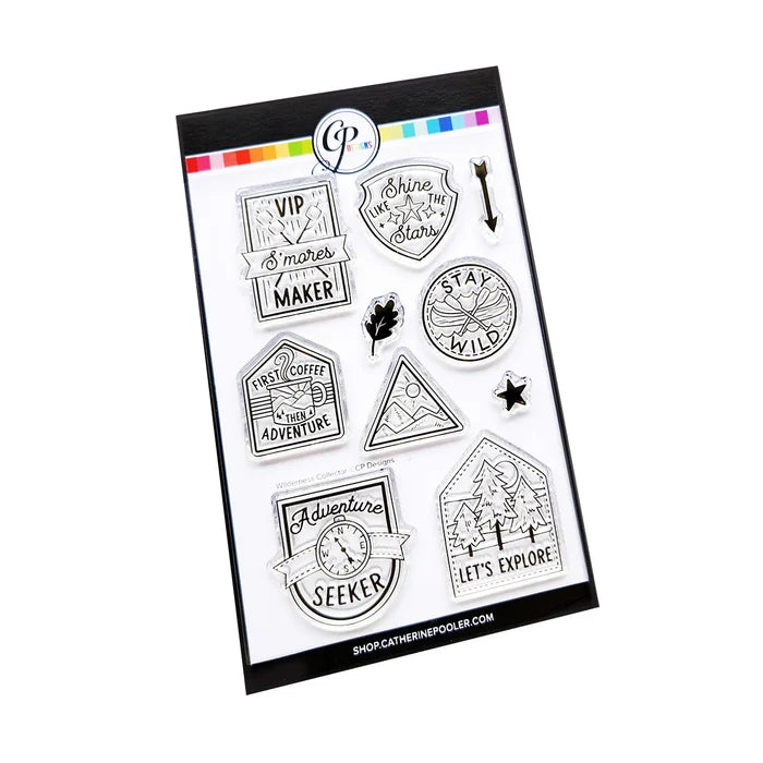 Catherine Pooler - Sentiments Stamp & Die Set - Wilderness Collector. Travel badges. Available at Embellish Away located in Bowmanville Ontario Canada.