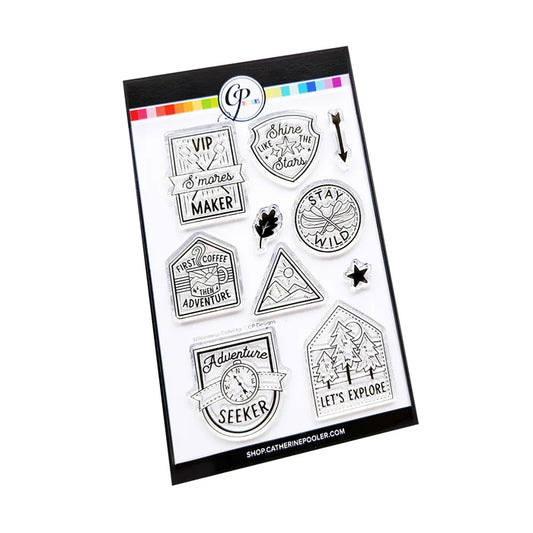 Catherine Pooler - Sentiments Stamp & Die Set - Wilderness Collector. Travel badges. Available at Embellish Away located in Bowmanville Ontario Canada.