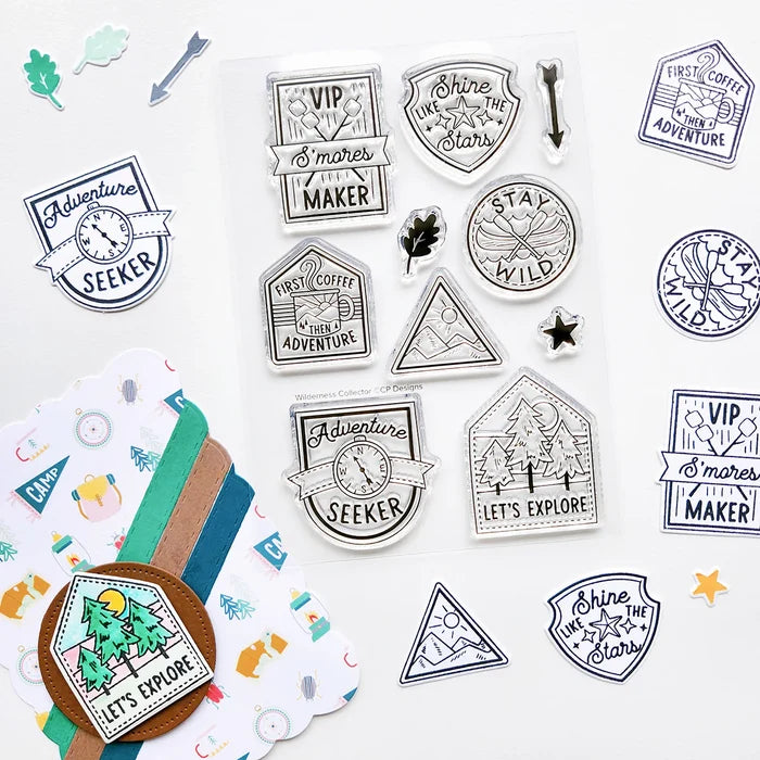 Catherine Pooler - Sentiments Stamp & Die Set - Wilderness Collector. Travel badges. Available at Embellish Away located in Bowmanville Ontario Canada. Example by brand ambassador.