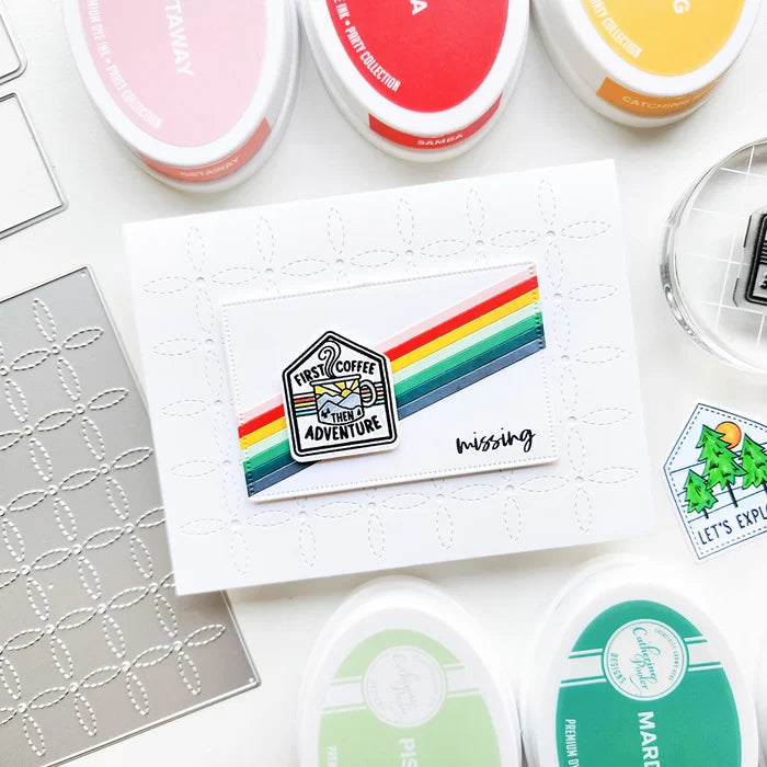 Catherine Pooler - Sentiments Stamp & Die Set - Wilderness Collector. Travel badges. Available at Embellish Away located in Bowmanville Ontario Canada. Example by brand ambassador.