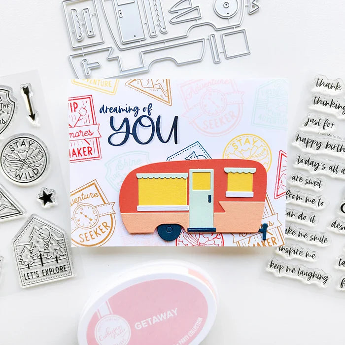 Catherine Pooler - Sentiments Stamp & Die Set - Wilderness Collector. Travel badges. Available at Embellish Away located in Bowmanville Ontario Canada. Example by brand ambassador.