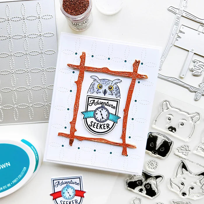Catherine Pooler - Sentiments Stamp & Die Set - Wilderness Collector. Travel badges. Available at Embellish Away located in Bowmanville Ontario Canada. Example by brand ambassador.