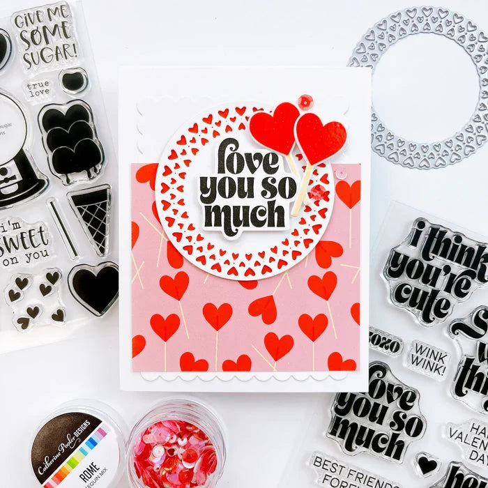 Catherine Pooler - Stamp & Die Set - Give Me Some Sugar. The Give Me Some Sugar Stamp Set and coordinating dies will "make your heart melt"! This set features all the sweetest treats for your valentine or someone you have the hearts for! Available at Embellish Away located in Bowmanville Ontario Canada. Example by brand ambassador.