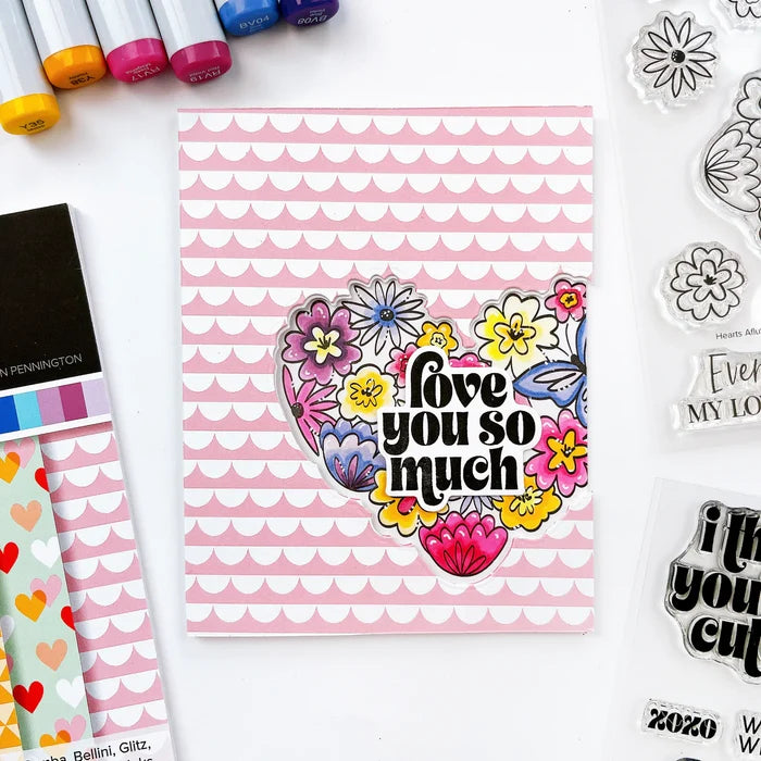 Catherine Pooler - Stamp & Die Set - Hearts Aflutter. Set someone's heart aflutter with this beautiful stamp set and coordinating dies! The Hearts Aflutter Stamps features a large, line-art heart made of flowers and a butterfly. Available at Embellish Away located in Bowmanville Ontario Canada Example by brand ambassador.