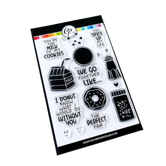 Catherine Pooler - Stamp & Die Set - We Go Together. We go together like donuts and sprinkles! Ready for your cards and projects for Valentines Day, celebrating your bestie, or any day you want to let the one you love know you are "the perfect pair"! Available at Embellish Away located in Bowmanville Ontario Canada