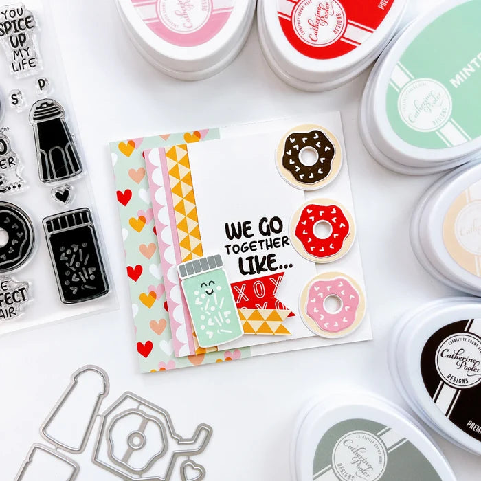 Catherine Pooler - Stamp & Die Set - We Go Together. We go together like donuts and sprinkles! Ready for your cards and projects for Valentines Day, celebrating your bestie, or any day you want to let the one you love know you are "the perfect pair"! Available at Embellish Away located in Bowmanville Ontario Canada. Example by brand ambassador.