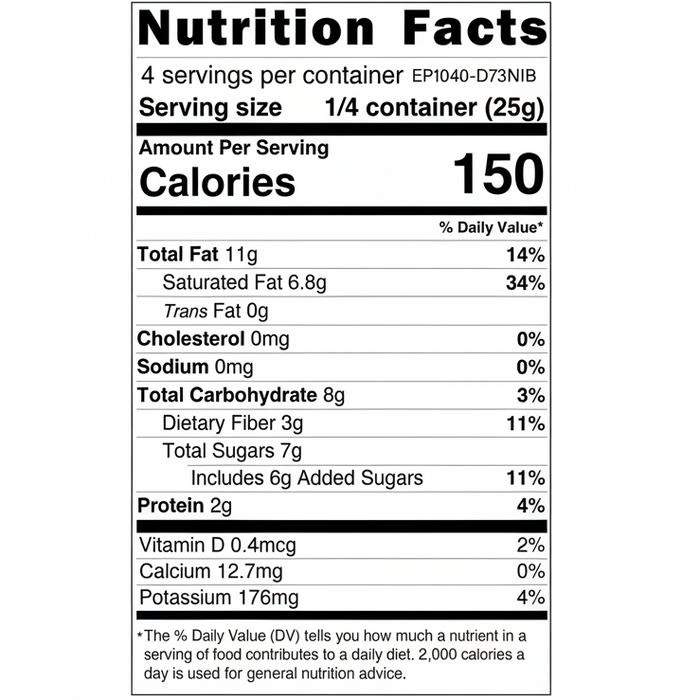 Nutrition facts label for a product with detailed calorie count and nutritional content per serving.