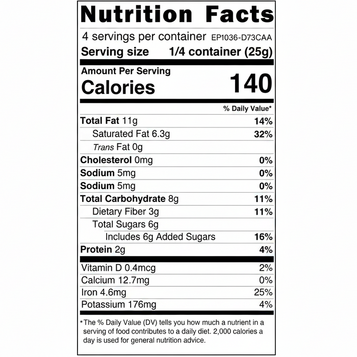 Nutrition facts label for a food product with serving size, calories, and detailed nutritional information.