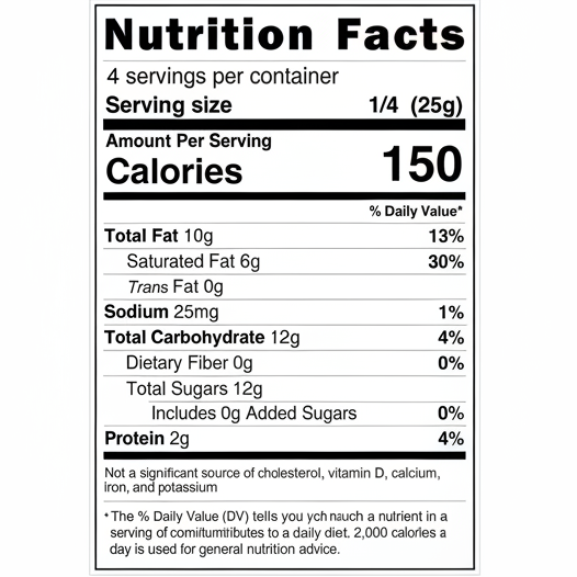 Nutrition facts label for a food product with serving size, calories, and nutritional content details.