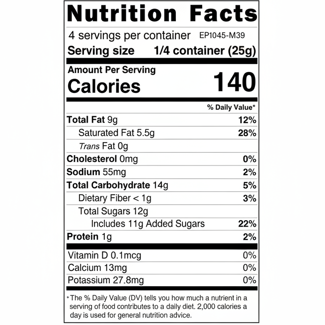 Nutrition facts label for a can of food with detailed nutritional information.