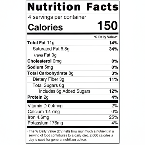 Nutrition facts label for a food product with serving size, calories, and nutritional content details.
