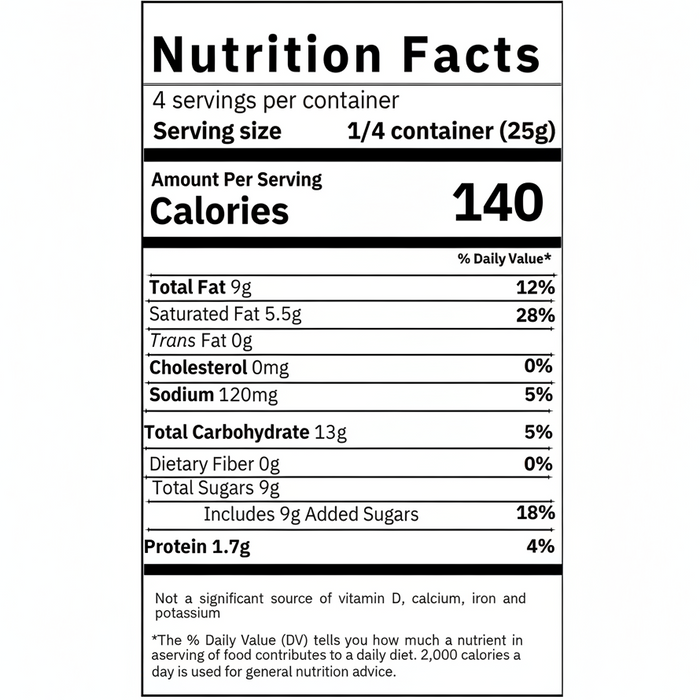 Nutrition facts label for a food product with serving size, calories, and detailed nutritional information.