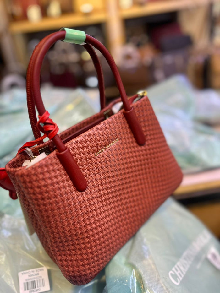 Christina&OLK Woven Houndstooth Mini Tote | Gold Logo | Leather Handles - Beige