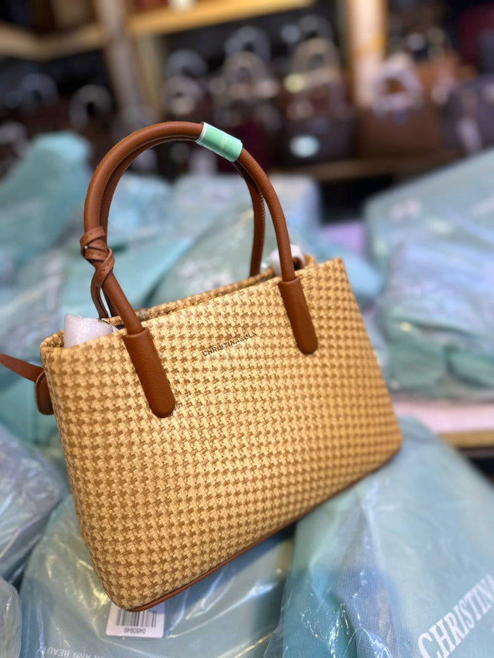 Christina&OLK Woven Houndstooth Mini Tote | Gold Logo | Leather Handles - Beige