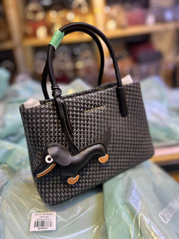 Christina&OLK Woven Houndstooth Mini Tote | Gold Logo | Leather Handles - Red