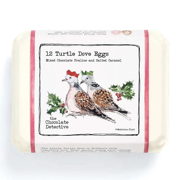 Box of 12 Turtle Dove Eggs with a decorative label on a white background