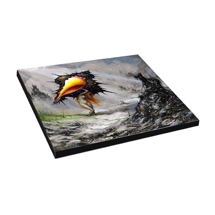 A surreal painting shows a figure with a vibrant, bird-like head walking through a stormy, dreamlike landscape—reflecting the imaginative energy of Circa Survive.