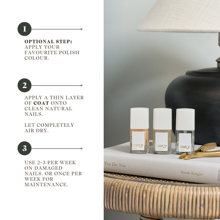 Nail polish bottles on a table with text instructions on the left.