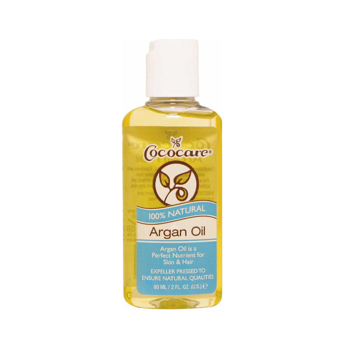 Cococare bottle of 100% natural argan oil for hair in clear plastic 60ml bottle for shine and repair