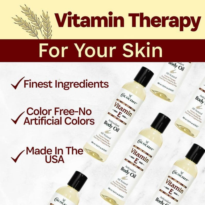 COCOCARE vitamin E body oil bottles arranged with labels and skincare claims like Made in the USA