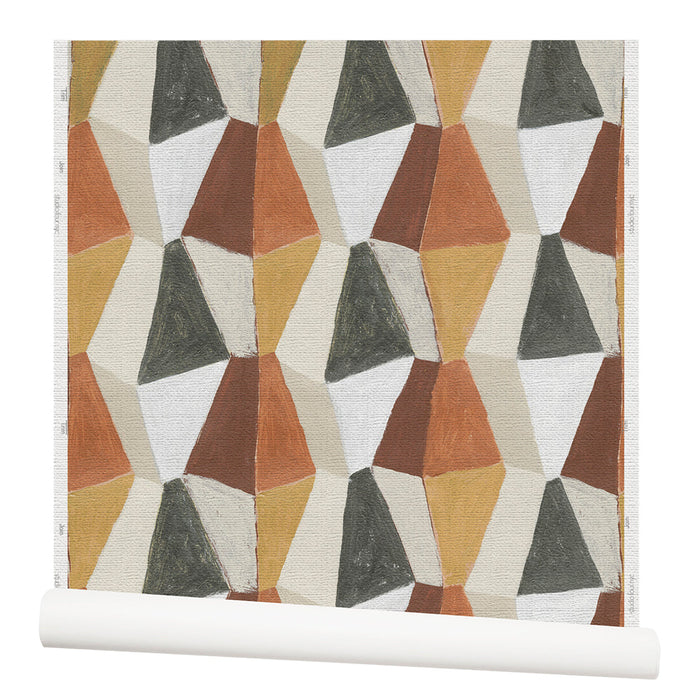 Wallpaper roll with mixed three dimensional diamond forms with black, white, beige, dark rust red, warm orange and ochre yellow on a textured paper.