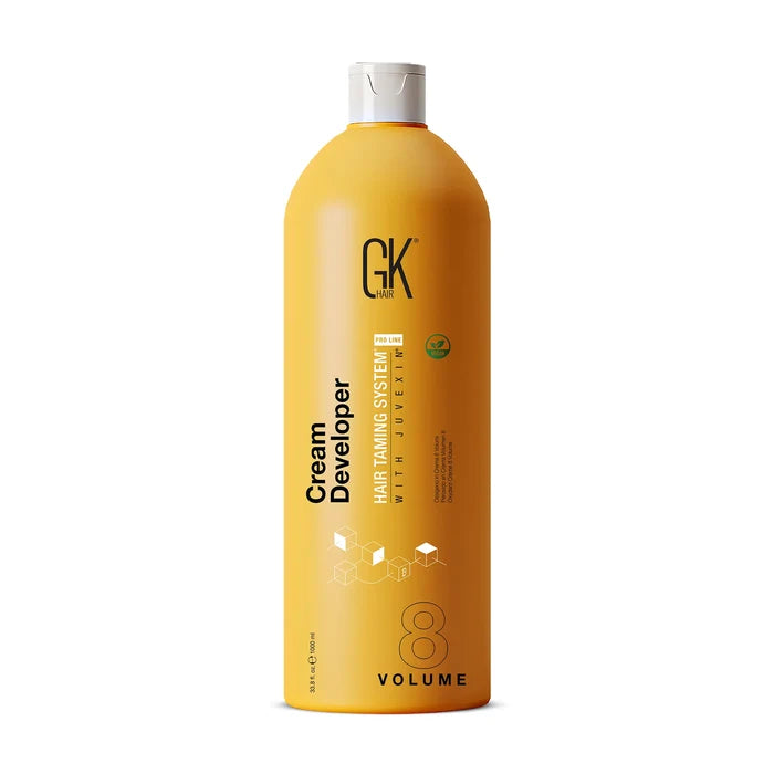 GK Hair Cream Developer 8 Volume, 1000 ml yellow bottle, the single figure 8 outlined above the word Volume