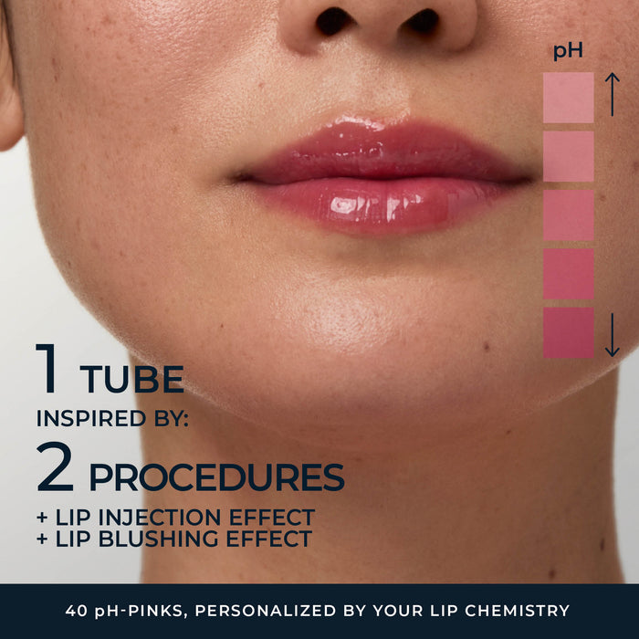 Close-up of a person's lower face showing glossy pink lips, with a vertical color chart on the right labeled pH and pink shades, plus text reading '1 TUBE INSPIRED BY: 2 PROCEDURES' and '40 pH-PINKS, PERSONALIZED BY YOUR LIP CHEMISTRY.'.