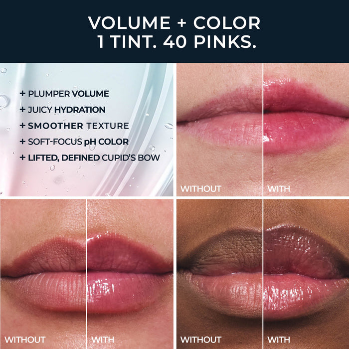 A four-panel lip product comparison graphic with text reading 'VOLUME + COLOR 1 TINT. 40 PINKS.