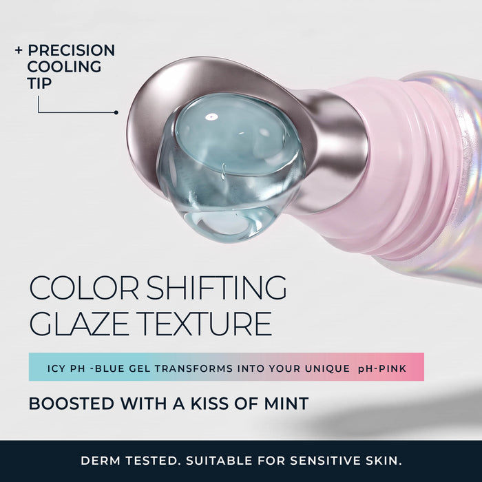 Close-up of a cosmetic applicator tip with a clear blue gel droplet and a pink-to-holographic bottle neck, with marketing text reading 'COLOR SHIFTING GLAZE TEXTURE' and 'ICY PH • BLUE GEL TRANSFORMS INTO YOUR UNIQUE pH-PINK'.