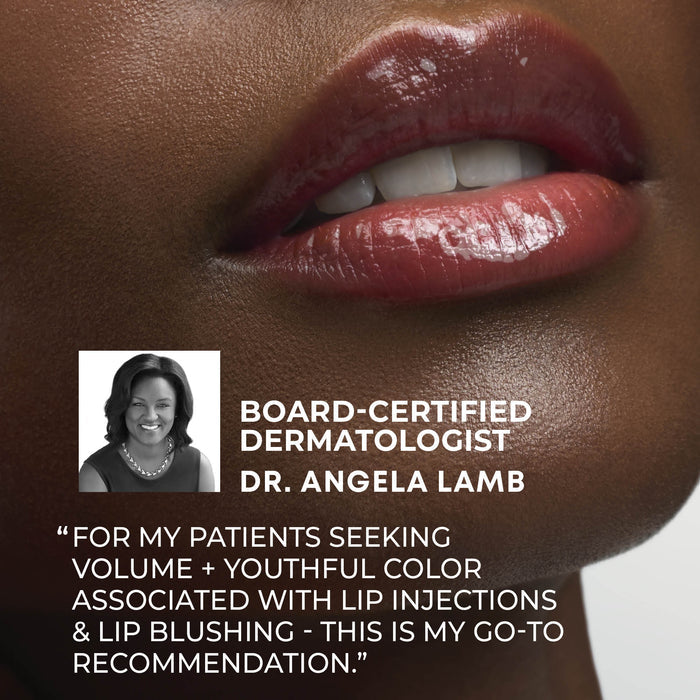 Close-up of a person's lips wearing a glossy rosy pink lip tint, with a small portrait of Dr. Angela Lamb and text quoting her recommendation for volume and youthful lip color.