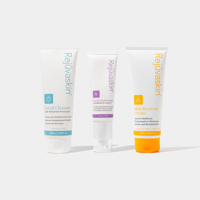 Rejûvaskin Dry Skin Essentials bundle on a white background