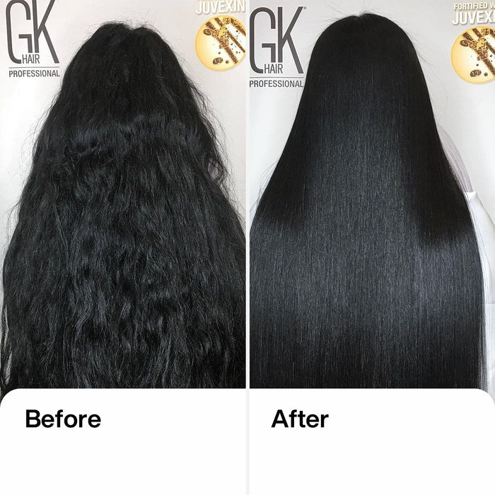Easy Control Titanium Flat Iron before and after: frizzy wavy black hair on the left, sleek glossy straight black hair on the right