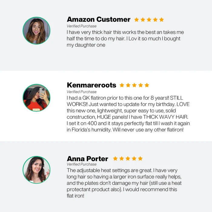 Easy Control Titanium Flat Iron reviews: three five-star verified purchases praising speed, large plates and heat settings