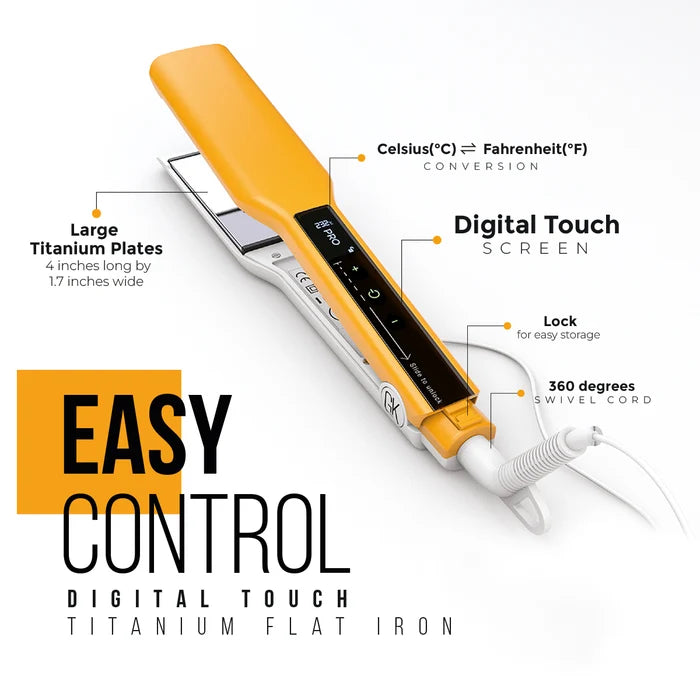 Easy Control Titanium Flat Iron callouts: 4 by 1.7 in titanium plates, C/F conversion, touch screen, lock, 360° swivel cord