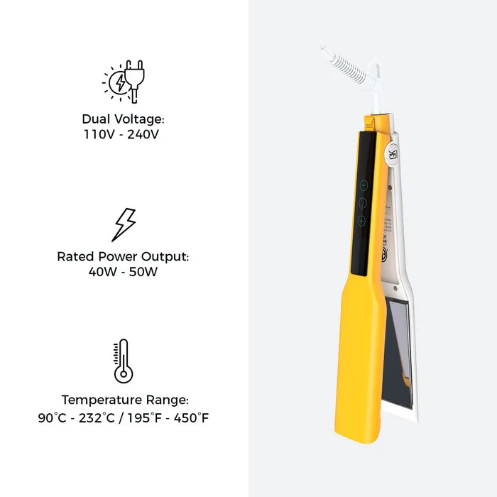 Yellow Easy Control Titanium Flat Iron with specs: dual voltage 110V-240V, power 40W-50W, temperature 90-232°C / 195-450°F