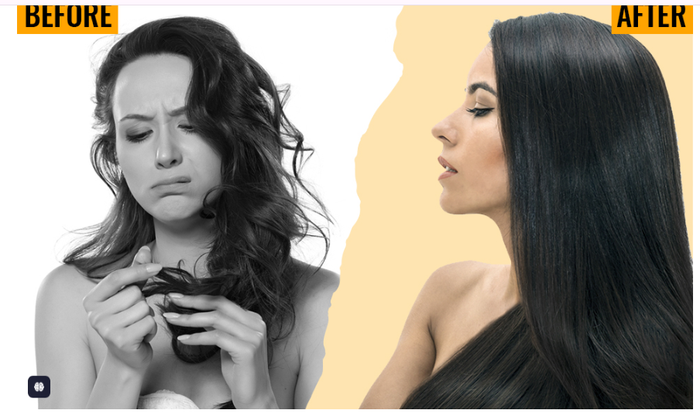 Easy Control Titanium Flat Iron before and after: black-and-white frizzy damaged ends left, sleek glossy dark hair right