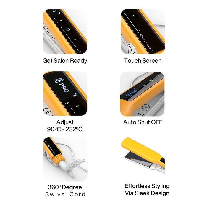 Easy Control Titanium Flat Iron close-ups: salon ready, touch screen, 90-232°C, auto shut off, 360° swivel cord, sleek design