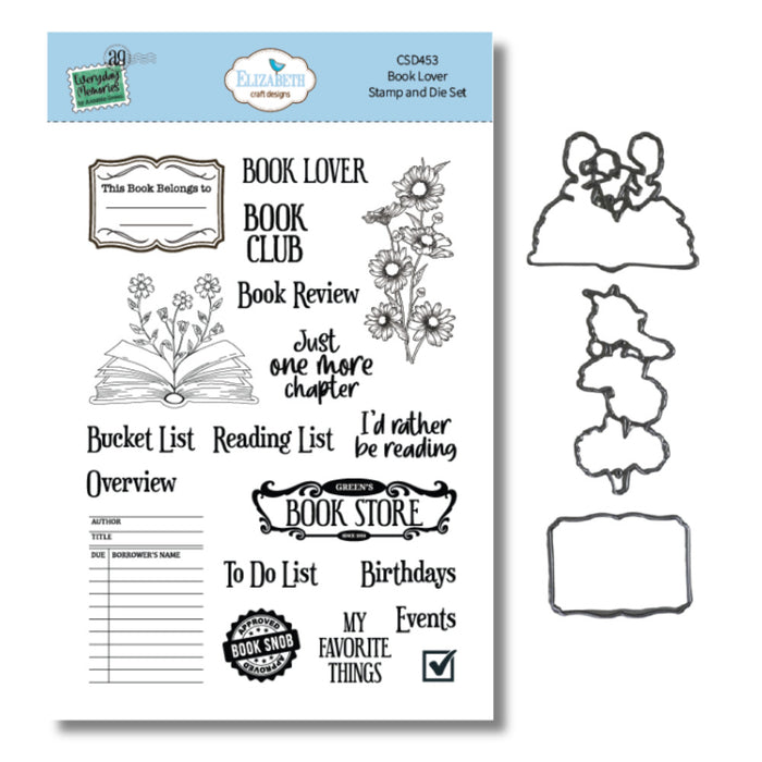 Elizabeth Craft - Clear Stamp & Die Combo - Book Lover. Stamp Set Size: A5 - 5.9" x 8.3". Available at Embellish Away located in Bowmanville Ontario Canada.