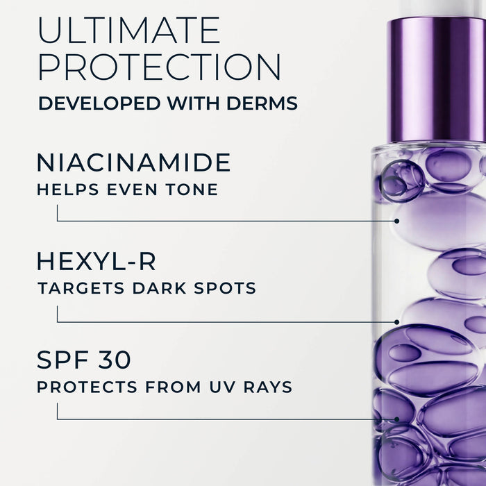 ultimate protection developed with derm
niacinamide helps even tone
hexyl-r comple targets dark spots
spf 30 protects from uv rays