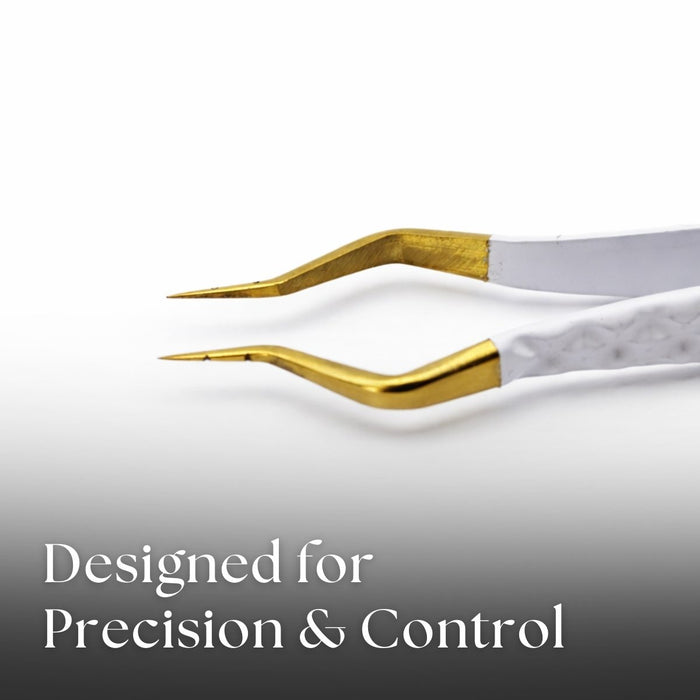 Gold and white tweezers on a gradient background with text 'Designed for Precision & Control'.